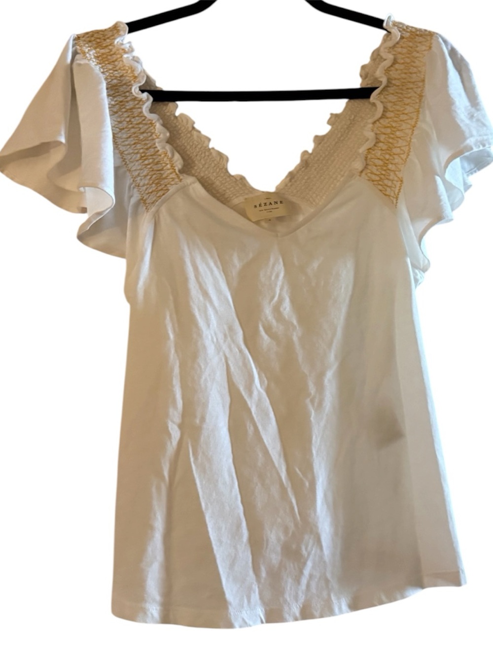 Sezane Leopold White Flutter-Sleeve Top with Embroidered Trim